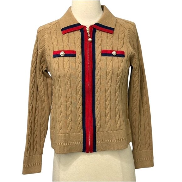 Talbots Cable Knit Full Zip Sweater Cardigan Tan Pearl Button Preppy Size PP/0-2 - Picture 2 of 10